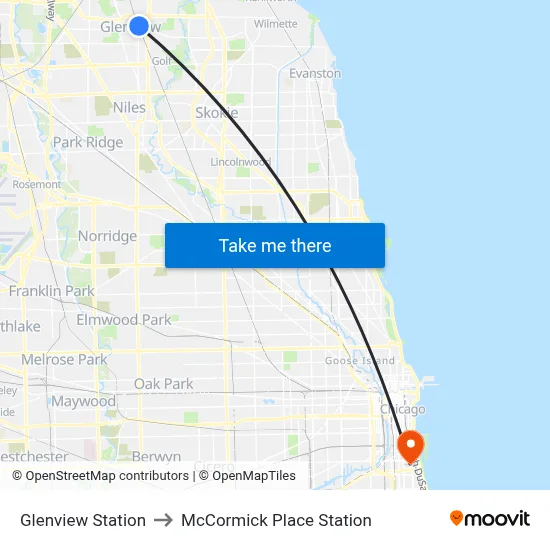 Glenview Station to McCormick Place Station map