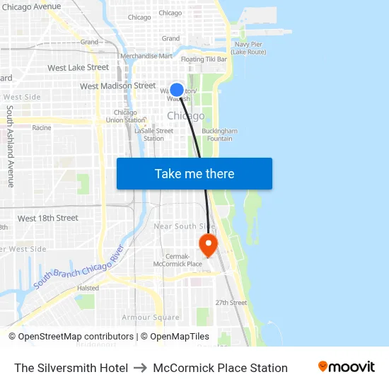 The Silversmith Hotel to McCormick Place Station map