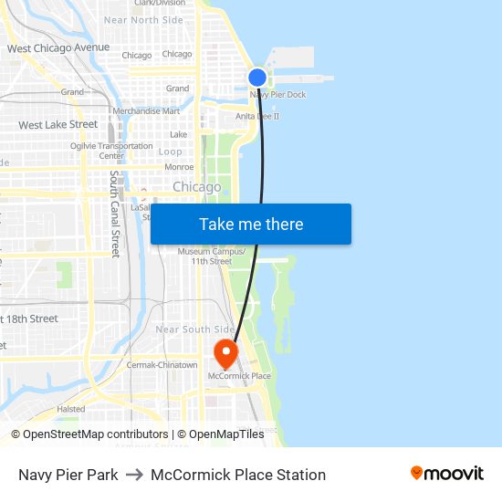 Navy Pier Park to McCormick Place Station map