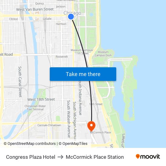 Congress Plaza Hotel to McCormick Place Station map