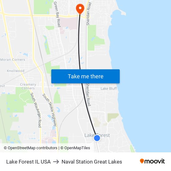 Lake Forest IL USA to Naval Station Great Lakes map