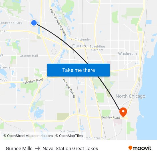 Gurnee Mills to Naval Station Great Lakes map