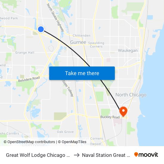 Great Wolf Lodge Chicago Gurnee to Naval Station Great Lakes map