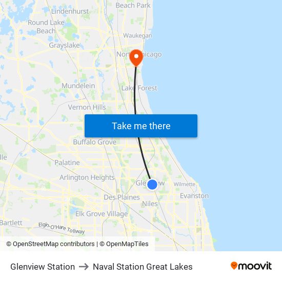Glenview Station to Naval Station Great Lakes map