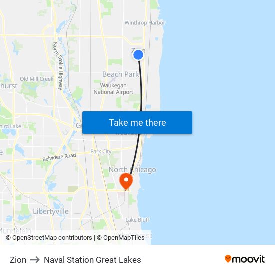 Zion to Naval Station Great Lakes map