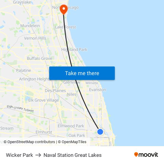 Wicker Park to Naval Station Great Lakes map