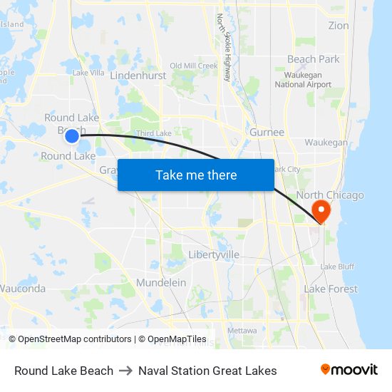 Round Lake Beach to Naval Station Great Lakes map