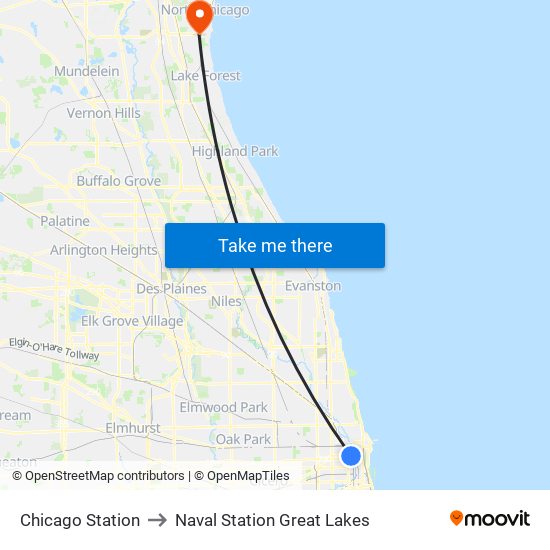 Chicago Station to Naval Station Great Lakes map