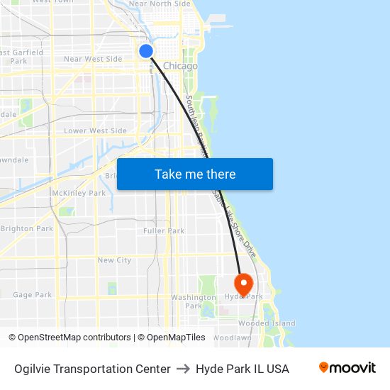 Ogilvie Transportation Center to Hyde Park IL USA map
