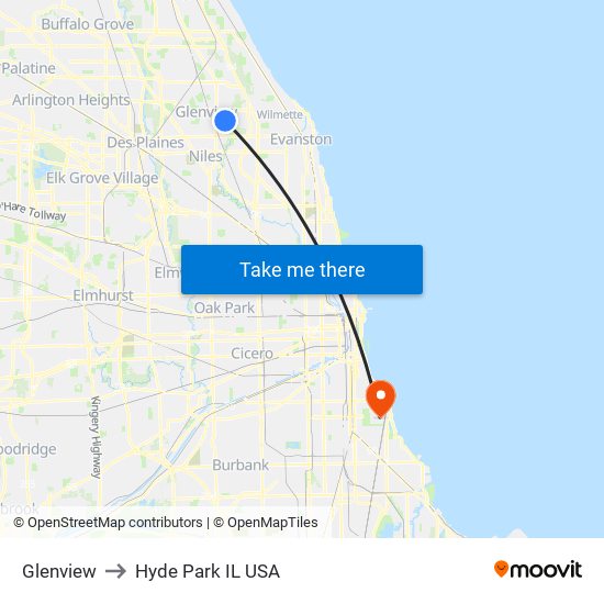 Glenview to Hyde Park IL USA map