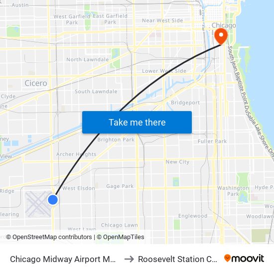 Chicago Midway Airport MDW to Roosevelt Station CTA map