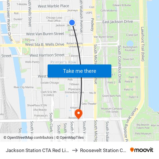 Jackson Station CTA Red Line to Roosevelt Station CTA map