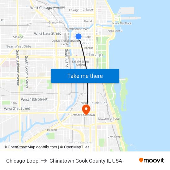 Chicago Loop to Chinatown Cook County IL USA map