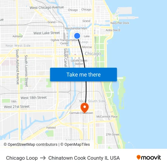 Chicago Loop to Chinatown Cook County IL USA map