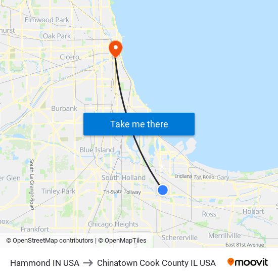 Hammond IN USA to Chinatown Cook County IL USA map