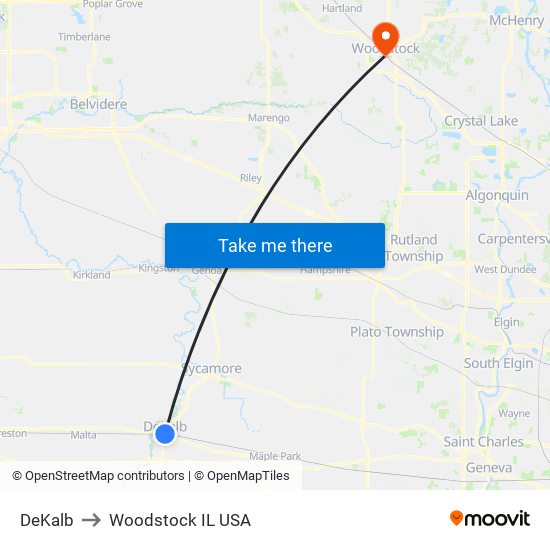 DeKalb to Woodstock IL USA map