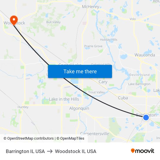 Barrington IL USA to Woodstock IL USA map