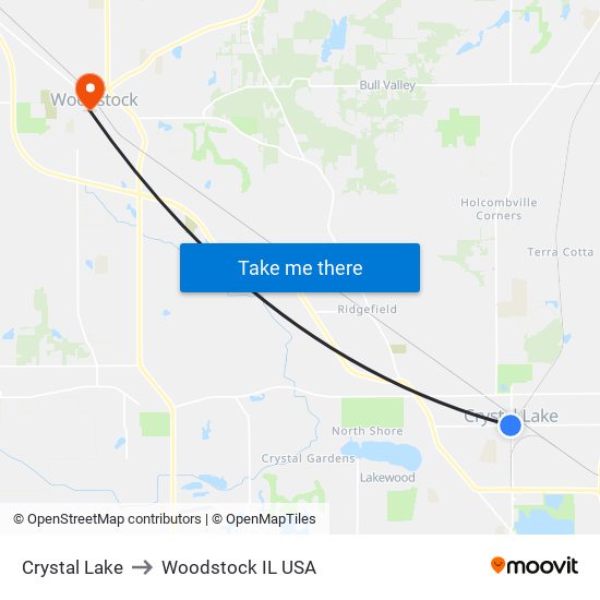 Crystal Lake to Woodstock IL USA map