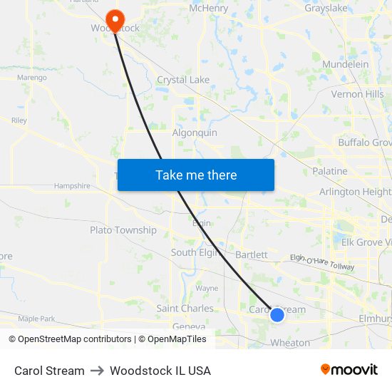 Carol Stream to Woodstock IL USA map