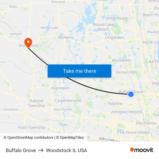 Buffalo Grove to Woodstock IL USA map