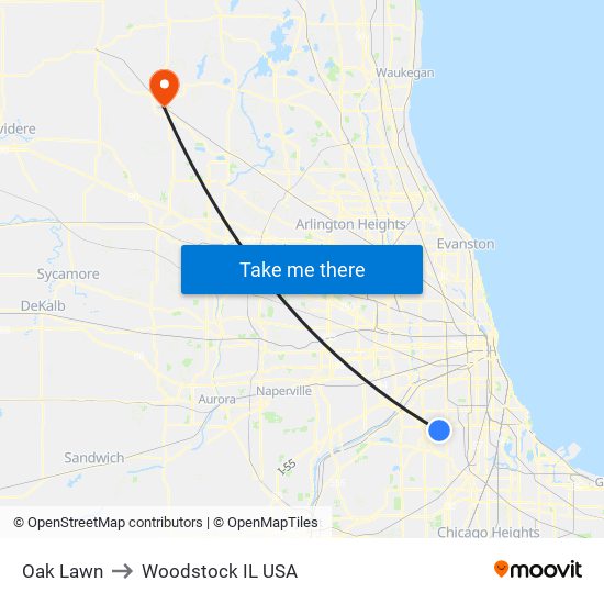 Oak Lawn to Woodstock IL USA map