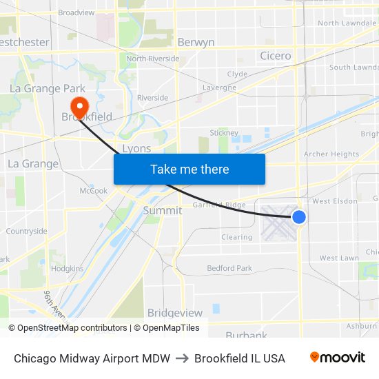 Chicago Midway Airport MDW to Brookfield IL USA map