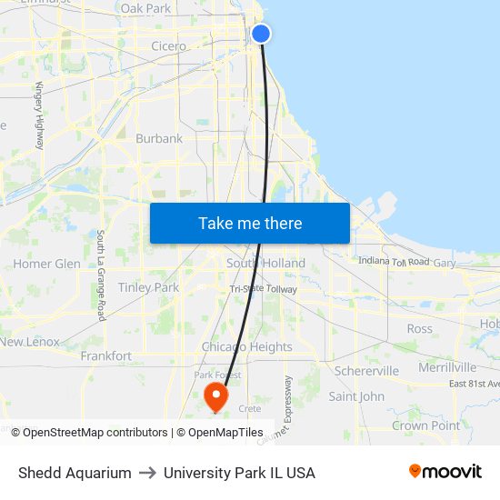 Shedd Aquarium to University Park IL USA map