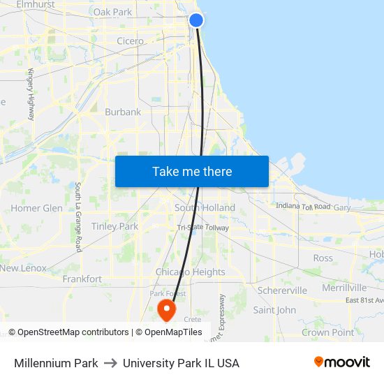 Millennium Park to University Park IL USA map