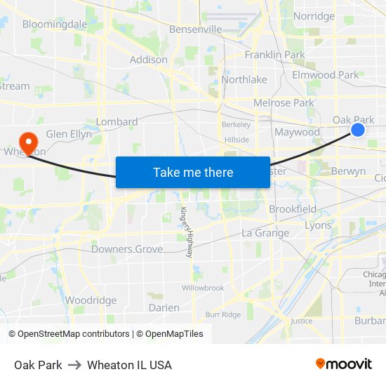 Oak Park to Wheaton IL USA map