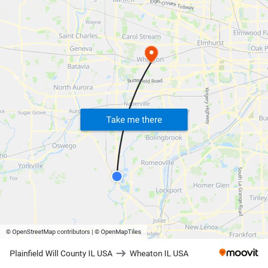 Plainfield Will County IL USA to Wheaton IL USA map