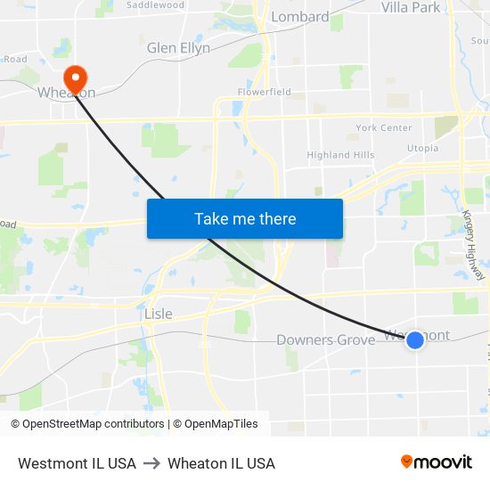 Westmont IL USA to Wheaton IL USA map