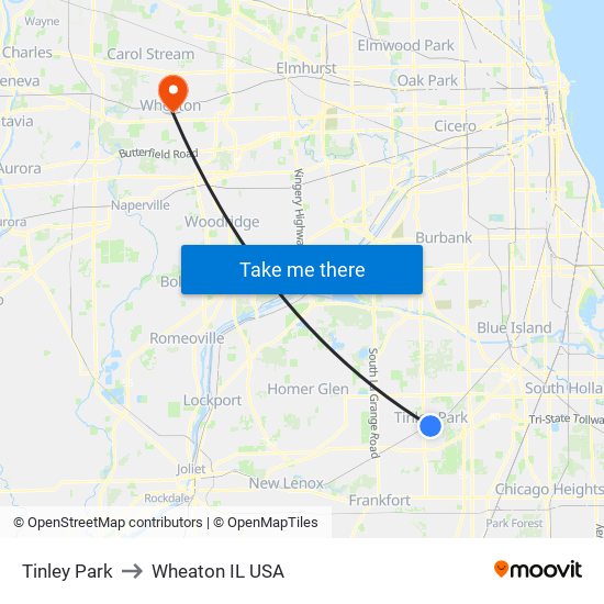 Tinley Park to Wheaton IL USA map