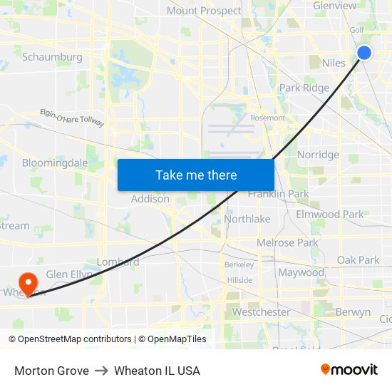 Morton Grove to Wheaton IL USA map