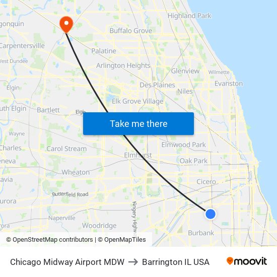 Chicago Midway Airport MDW to Barrington IL USA map