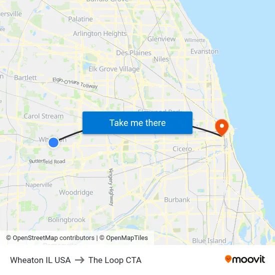 Wheaton IL USA to The Loop CTA map