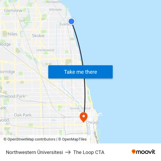Northwestern Üniversitesi to The Loop CTA map