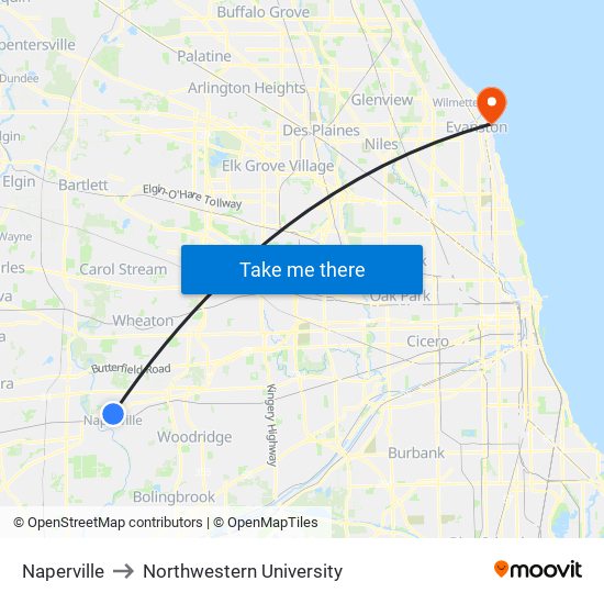 Naperville to Northwestern University map