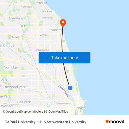 DePaul University to Northwestern University map