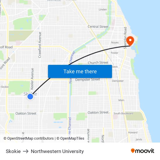 Skokie to Northwestern University map