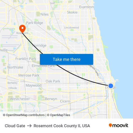 Cloud Gate to Rosemont Cook County IL USA map