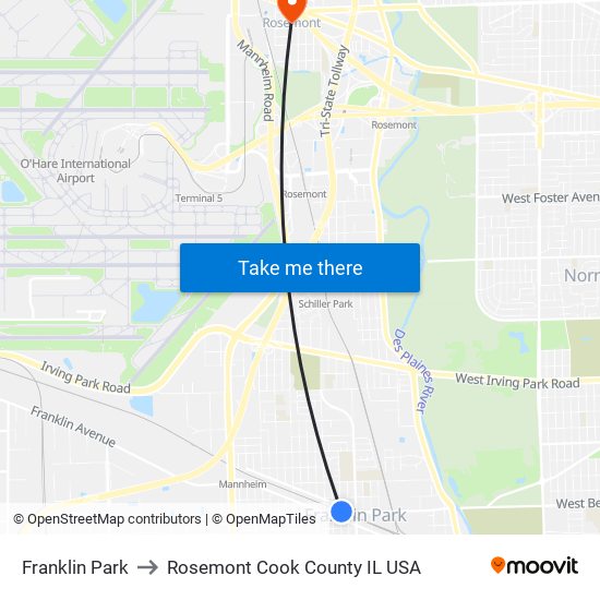 Franklin Park to Rosemont Cook County IL USA map