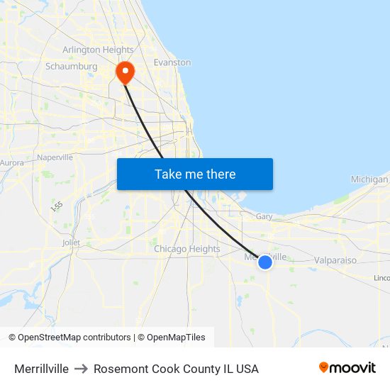 Merrillville to Rosemont Cook County IL USA map