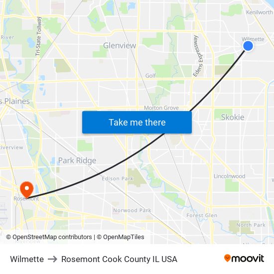Wilmette to Rosemont Cook County IL USA map