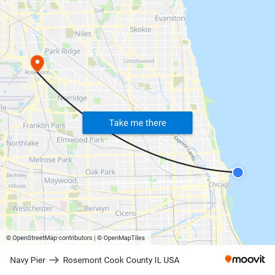 Navy Pier to Rosemont Cook County IL USA map