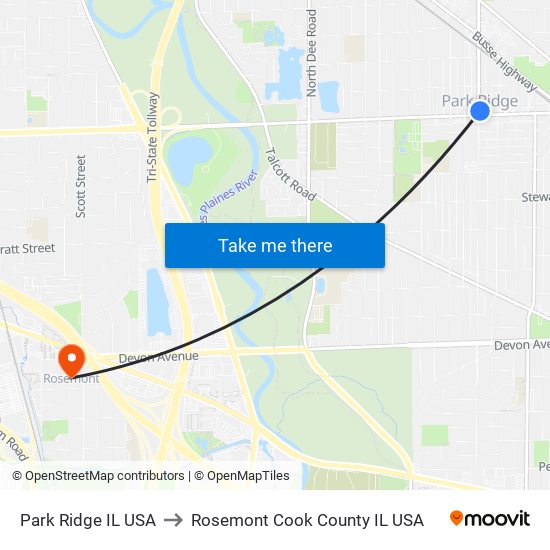 Park Ridge IL USA to Rosemont Cook County IL USA map