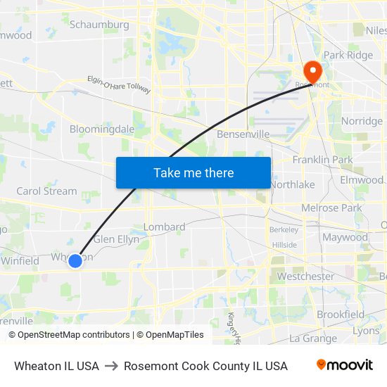 Wheaton IL USA to Rosemont Cook County IL USA map