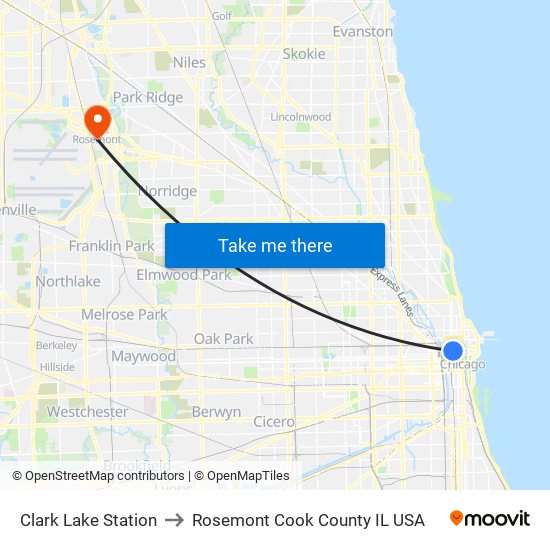 Clark Lake Station to Rosemont Cook County IL USA map