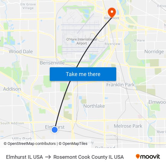 Elmhurst IL USA to Rosemont Cook County IL USA map