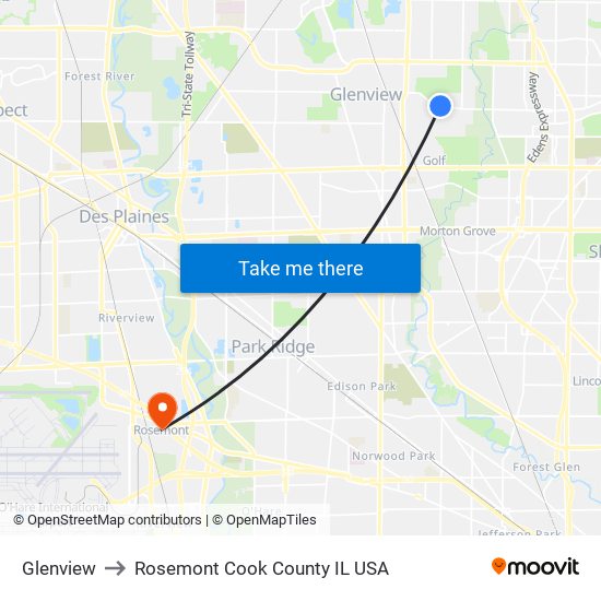 Glenview to Rosemont Cook County IL USA map