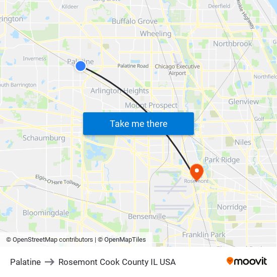 Palatine to Rosemont Cook County IL USA map